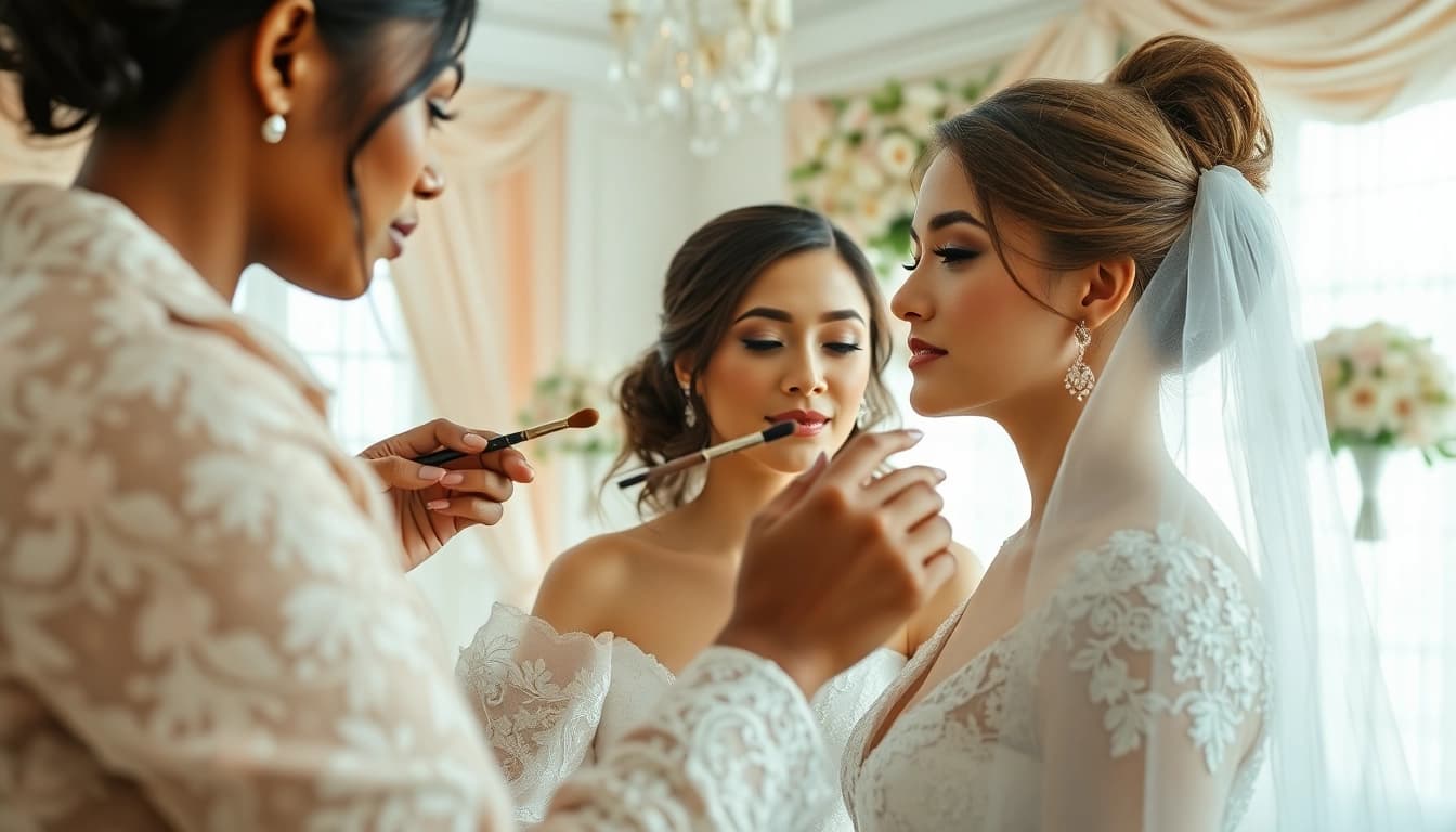 Dallas wedding makeup artist enhancing a bride's beauty in a floral wedding setting.