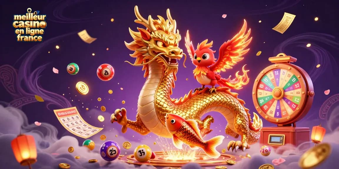 Illustration dynamique du meilleur casino en ligne France avec un dragon, un phénix, un poisson koi et des éléments de jeu.