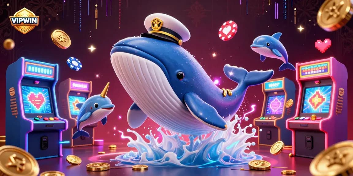 Engage with VIPWIN's vibrant 3D casino scene featuring a whale and playful dolphins showcasing lively gaming elements.