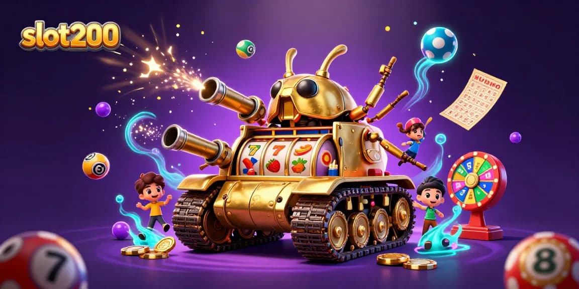 Experience the thrill of slot200 with a vibrant casino scene featuring a golden beetle tank and dynamic game elements.