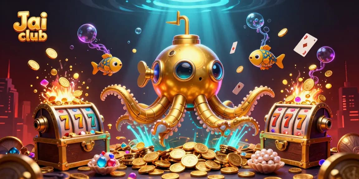 Engage with Jai club's thrilling world through a vibrant 3D casino adventure amidst slot reels and treasure.