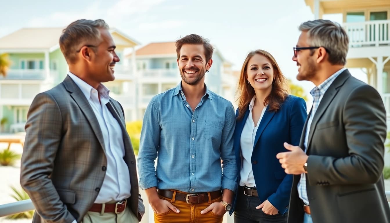 Showcasing top real estate agents Pensacola Florida interacting in a vibrant beachfront setting.