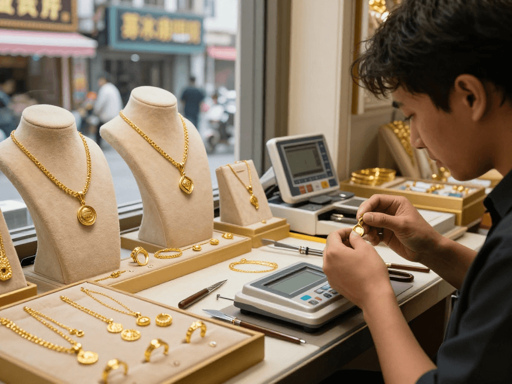 Jewelry shop showcasing 24K gold pieces, emphasizing mantra 88 in elegant display.