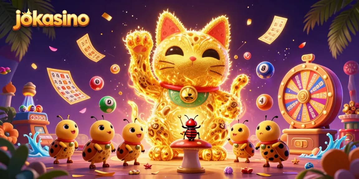 Engage with jokacasino in a vibrant 3D digital illustration of a whimsical lucky cat and gaming symbols.