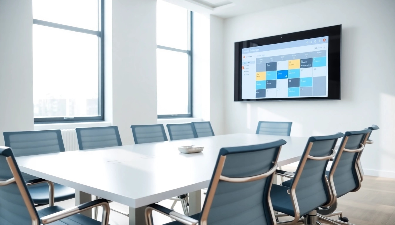 Engaging view of a never miss a meeting scheduling tool in a modern meeting room to enhance productivity.