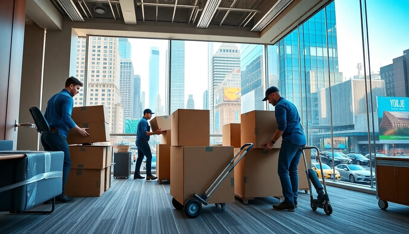 Efficient movers demonstrating Office Moving Services NYC, packing office items in a bustling urban setting.