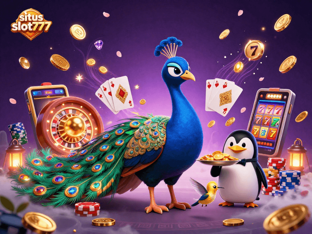 Play exciting games at situs slot777 featuring a vibrant peacock, a butler penguin, and golden elements.
