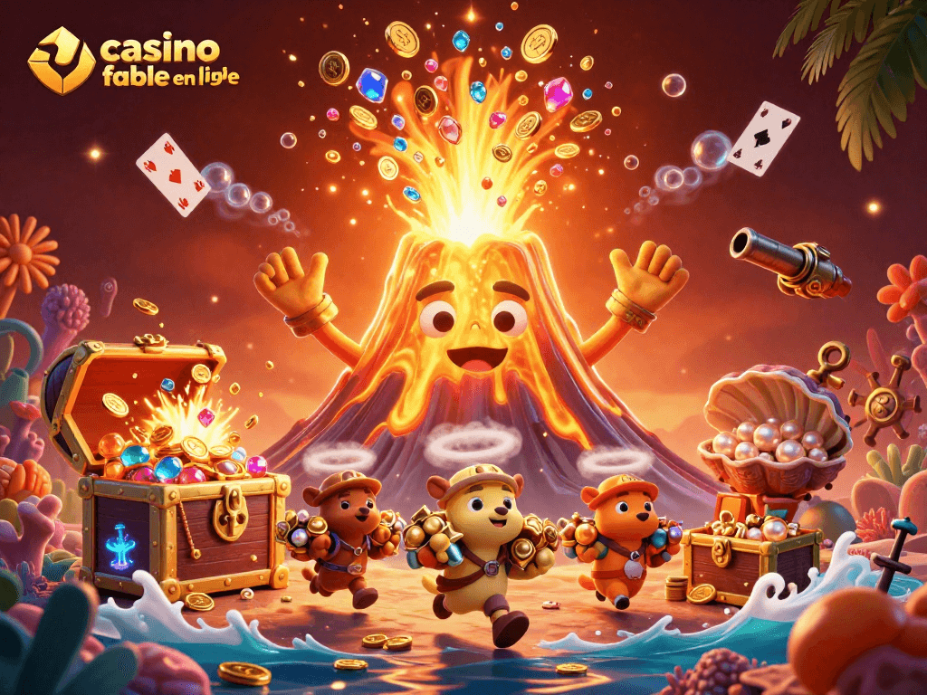 Admirez le casino fiable en ligne où un volcan doré déverse des trésors, tandis que des animaux explorateurs s'enfuient avec des richesses.