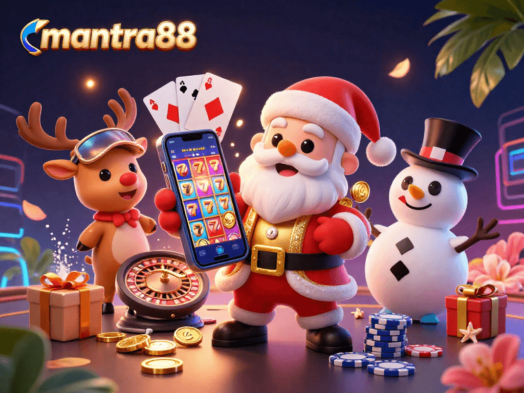 Play exciting jackpot slots with mantra88 featuring Santa, reindeer, and poker elements