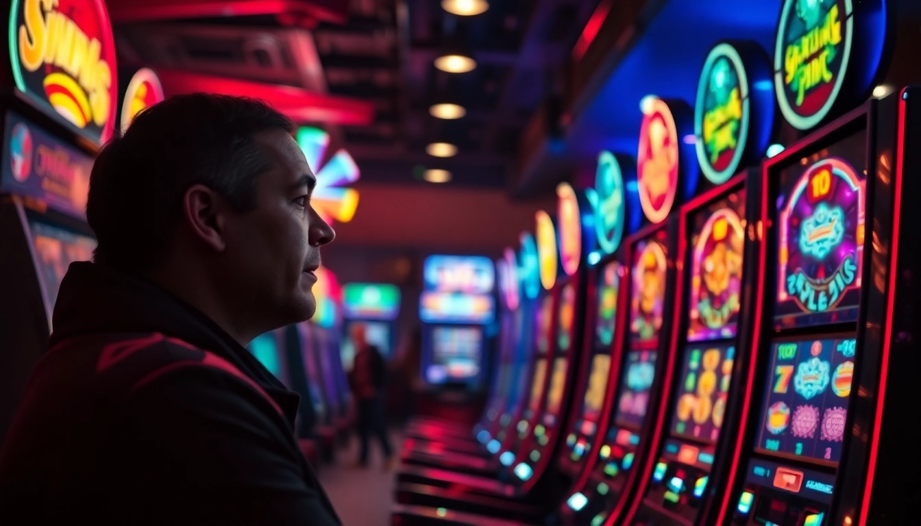 Exciting slot gambling experience highlighting a player at vibrant machines in a casino.