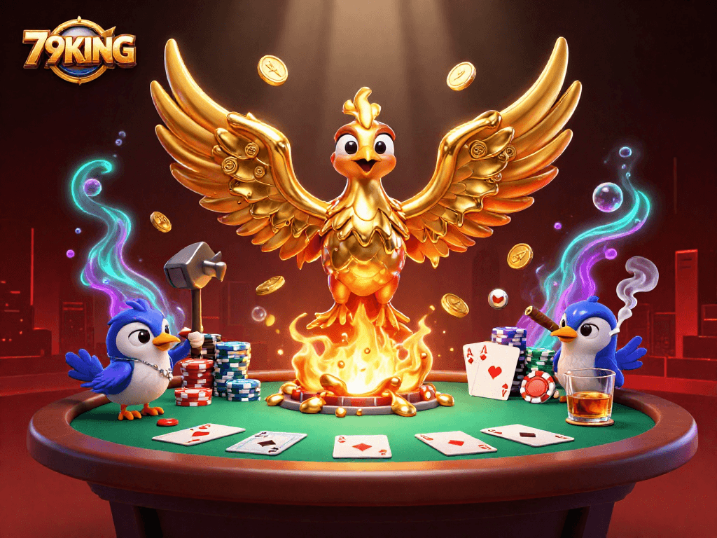 Experience thrilling action at 79KING with golden phoenix and poker elements in vibrant 3D casino scene.