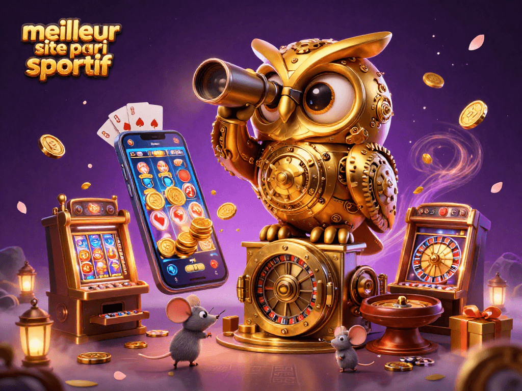 Pari sur le meilleur site de pari sportif avec un hibou d'horloge et un téléphone affichant des jeux de machines à sous.