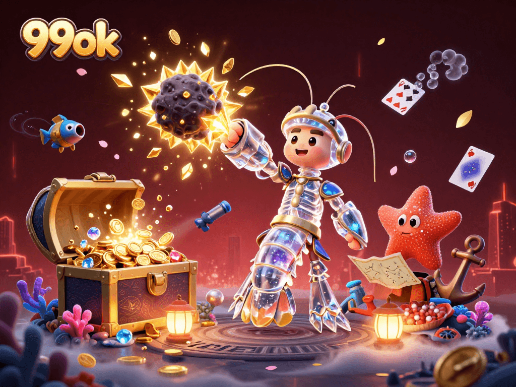 Engage in thrilling gameplay with 99ok as the galactic samurai mantis shrimp battles for jewels and treasures