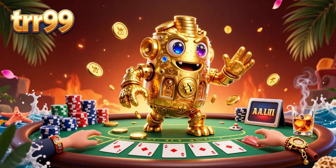 Join the excitement at trr99 with a golden golem and vibrant poker scene showcasing gaming thrills.