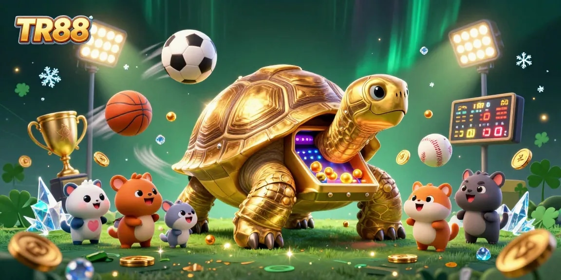 Engage with TR88 in this lively casino scene featuring a golden tortoise styled as a pinball machine, surrounded by sports elements.
