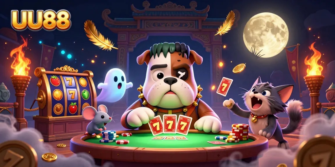 UU88 casino illustration with a Frankenstein bulldog dealing cards and a werewolf kitten at a themed table.