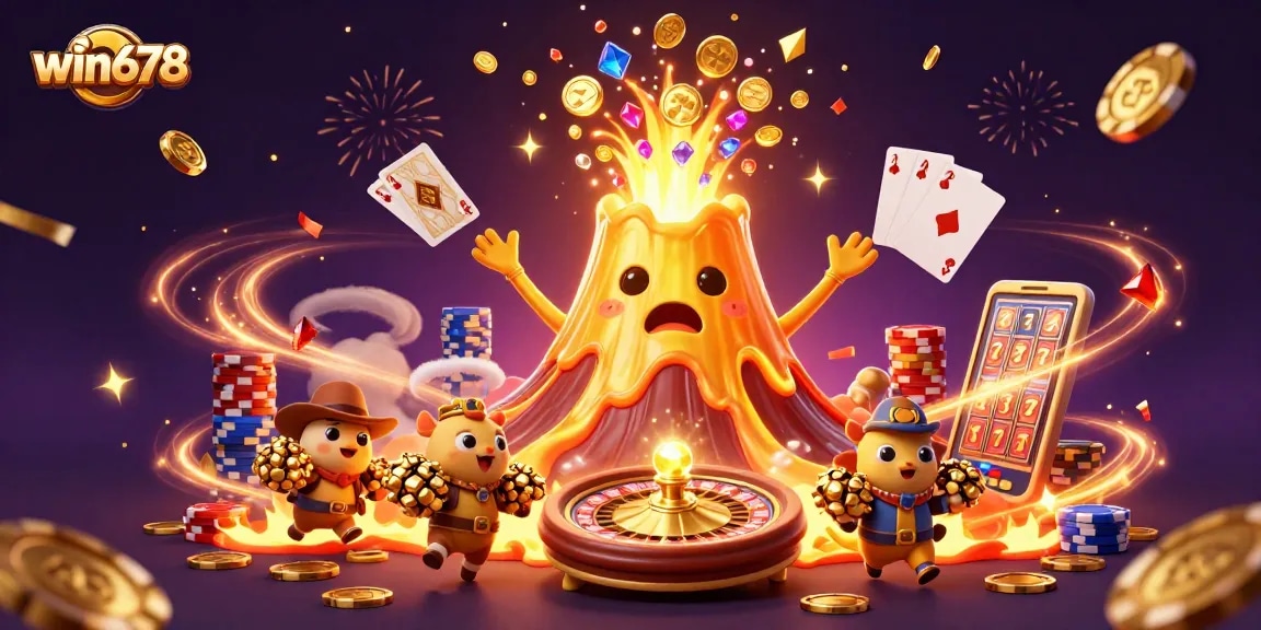 Win678 gaming experience showcasing a triumphant golden volcano with coins and treasures.