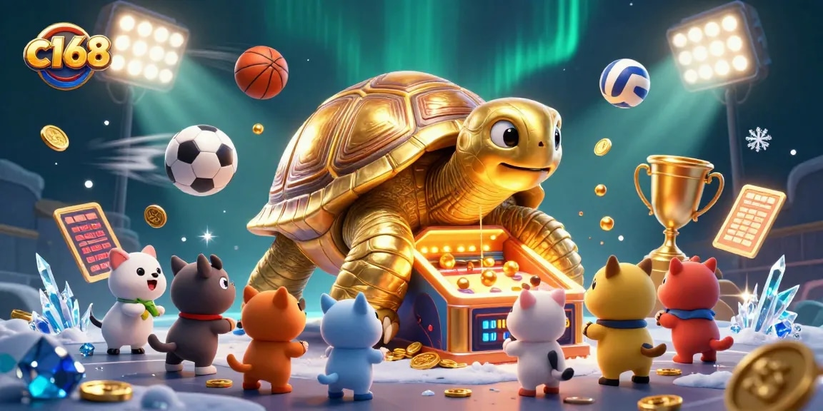 Engage with c168's vibrant sports betting scene featuring a colossal tortoise and energetic animals.