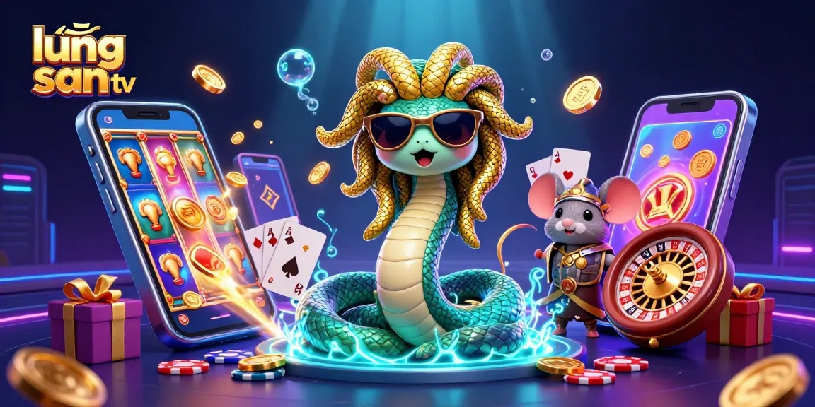 Engage with lương sơn tv's vibrant casino universe featuring a friendly Medusa and warrior mouse amidst exciting game elements.