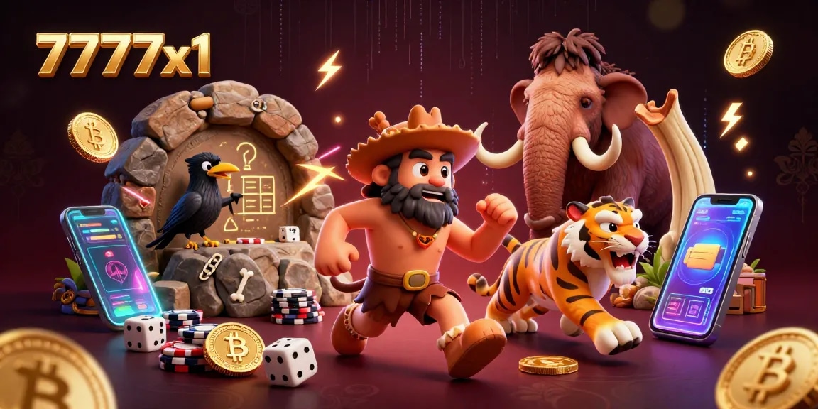 Experience the thrill of 777x1 with a dynamic 3D casino scene featuring a caveman, sabertooth tiger, and cryptocurrency elements.