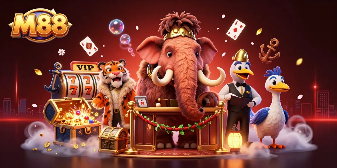 Experience M88 thrills with a vibrant illustration of a woolly mammoth checking IDs at a casino entrance.