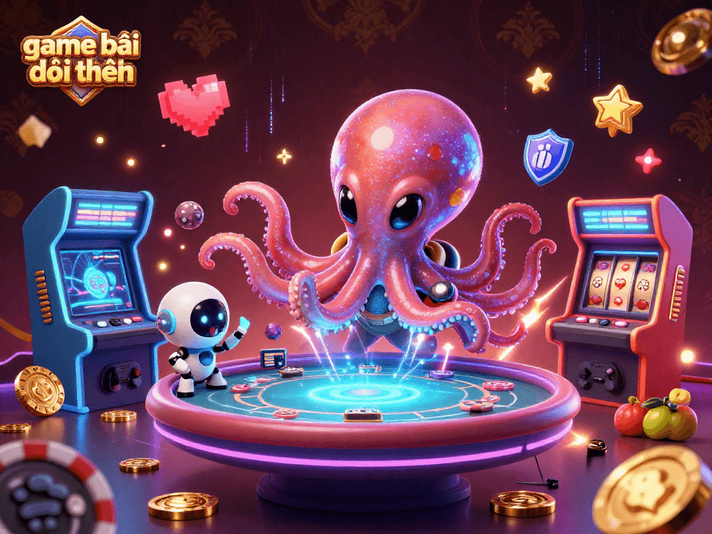 Engage in thrilling game bài đổi thưởng with vibrant 3D alien octopus and poker action.