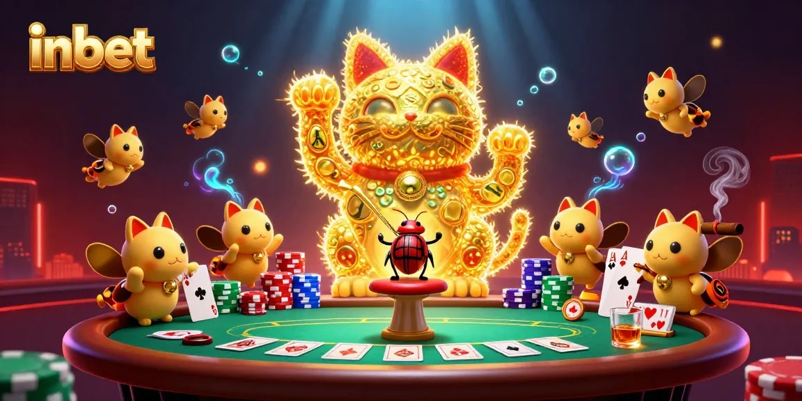 Experience thrilling gameplay with inbet's lively 3D casino illustration showcasing a magical lucky cat amidst poker elements.