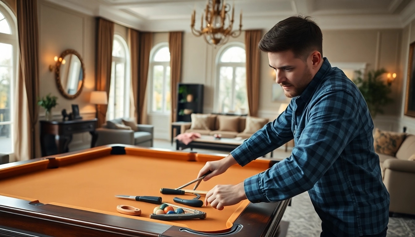 Experienced pool table mover disassembling a table in a beautifully decorated room.