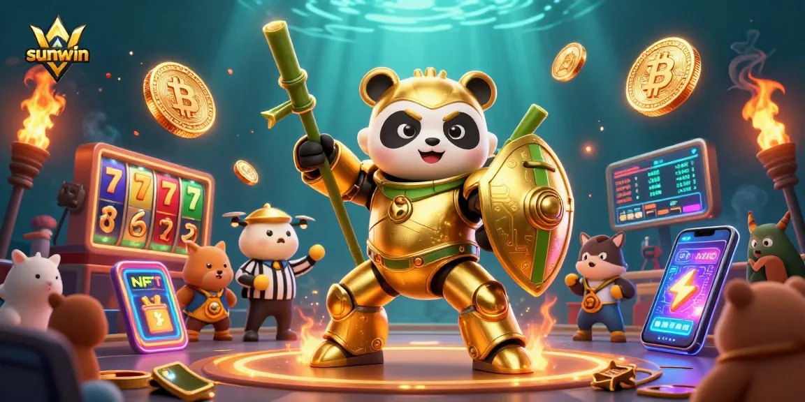 Experience thrilling gameplay at sunwin with a vibrant 3D casino scene filled with jackpots and crypto elements.
