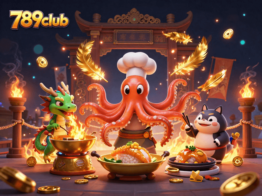 Engage in thrilling gaming with 789club, featuring a dynamic scene of a chef octopus and fiery dragon in action.