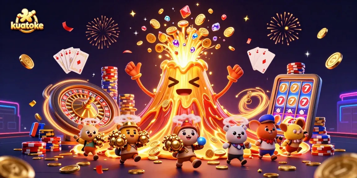 Kuatoke casino scene with a triumphant volcano erupting coins and treasures, perfect for engaging gamblers.