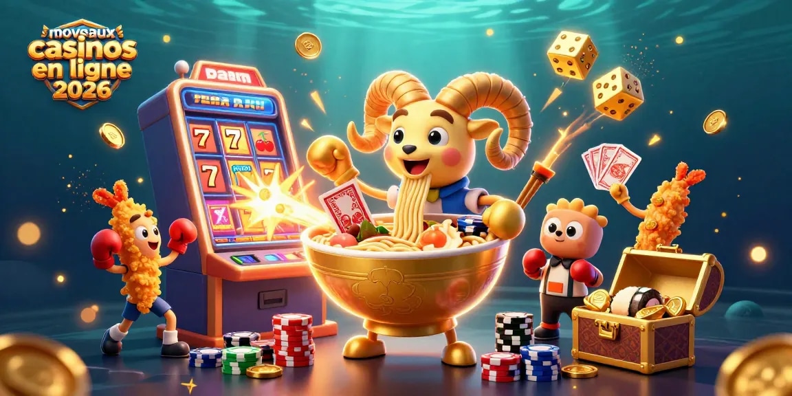 Rassemblement animé autour des nouveaux casinos en ligne 2026 avec des personnages colorés et des éléments de jeu dynamique.