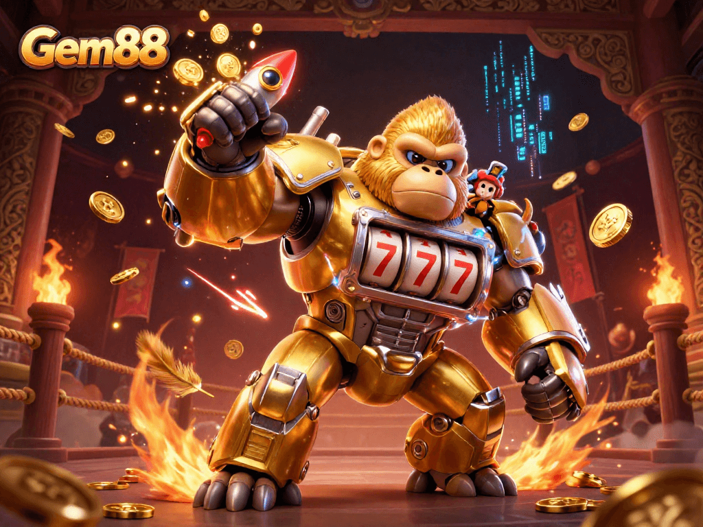 Experience the excitement of Gem88 with a golden gorilla mech battling among slots and coins in a casino-themed arena.
