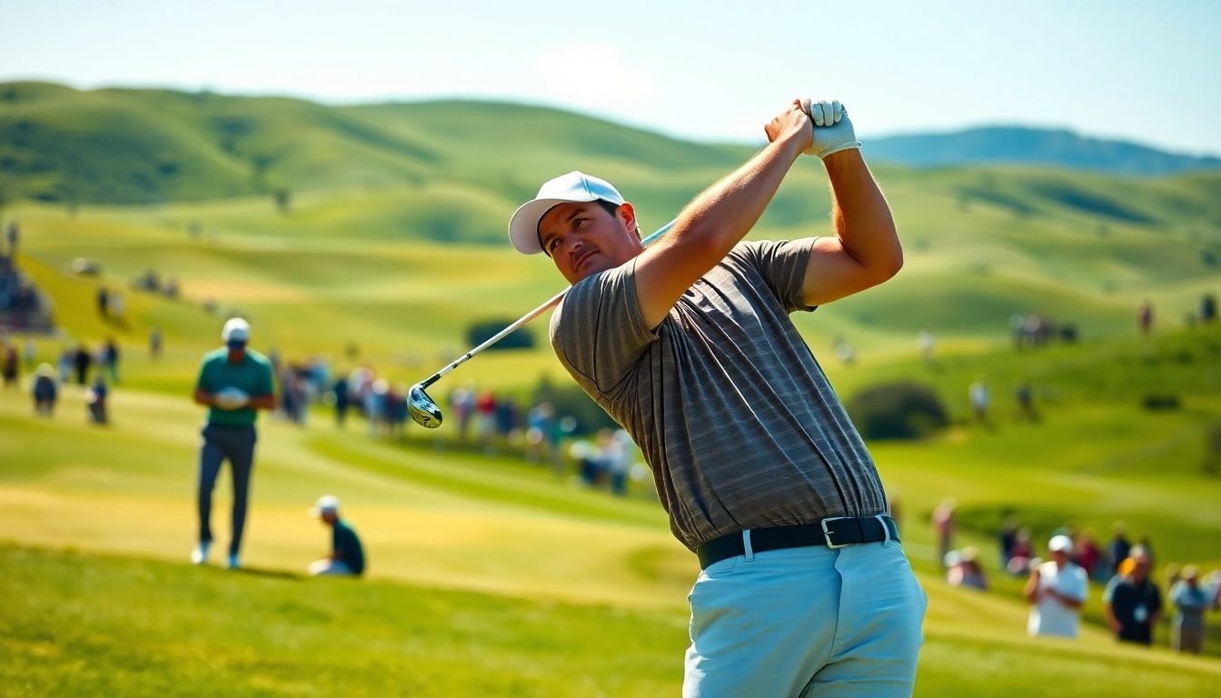 Golf player mid-swing on a vibrant green course showcasing skill and precision.