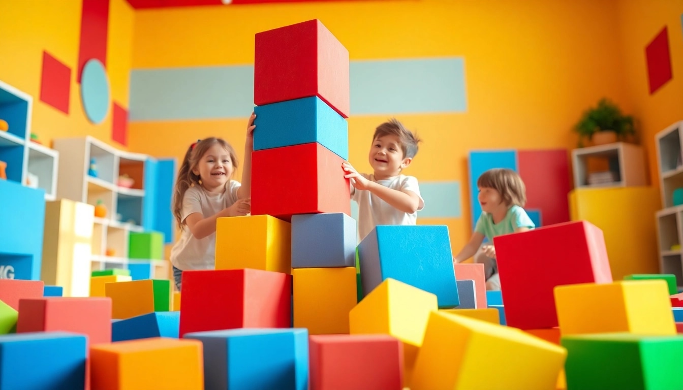 Find out more about kids building imaginative structures with giant foam blocks in a vibrant playroom.
