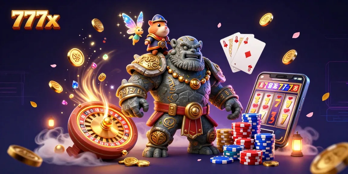 Experience thrilling gameplay at 777x, featuring a golem, fairy, and hamster knight amidst golden coins.