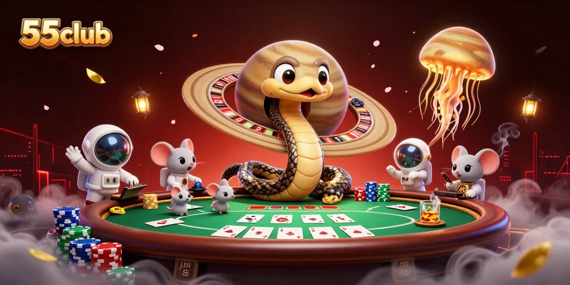 Engage with the 55club's thrilling cosmic casino scene featuring poker action and betting excitement.