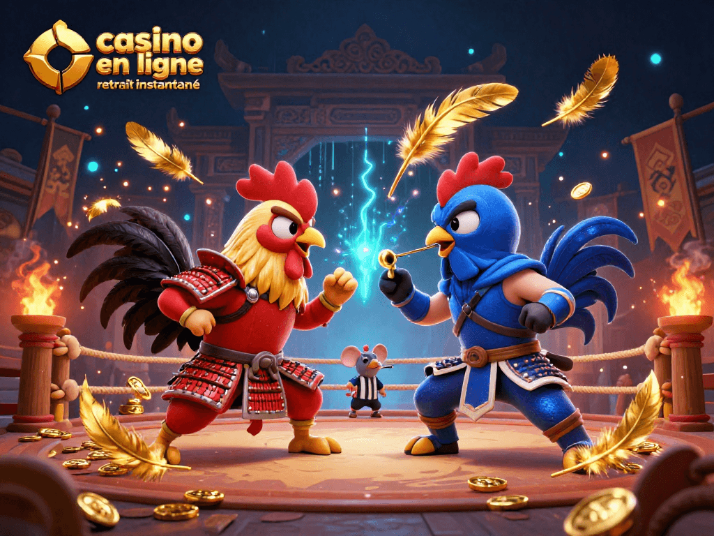 Jouer sur un casino en ligne avec retrait instantané avec des coqs combattants dans un décor dynamique et coloré.