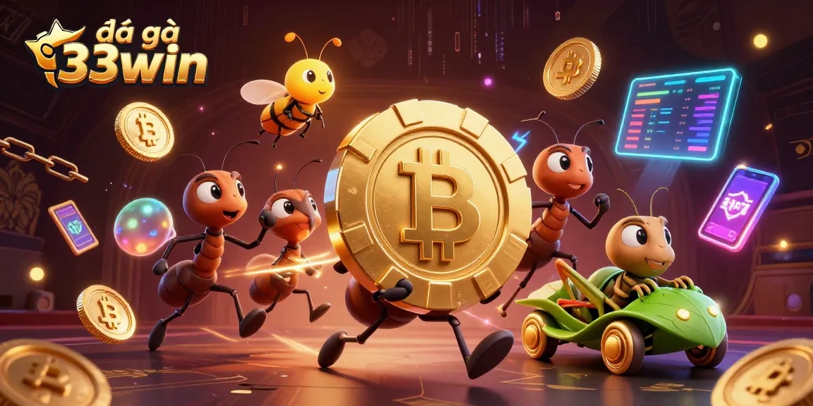 Engage with the excitement of đá gà 33win through a vibrant 3D heist scene featuring cartoon ants and dynamic gambling elements.