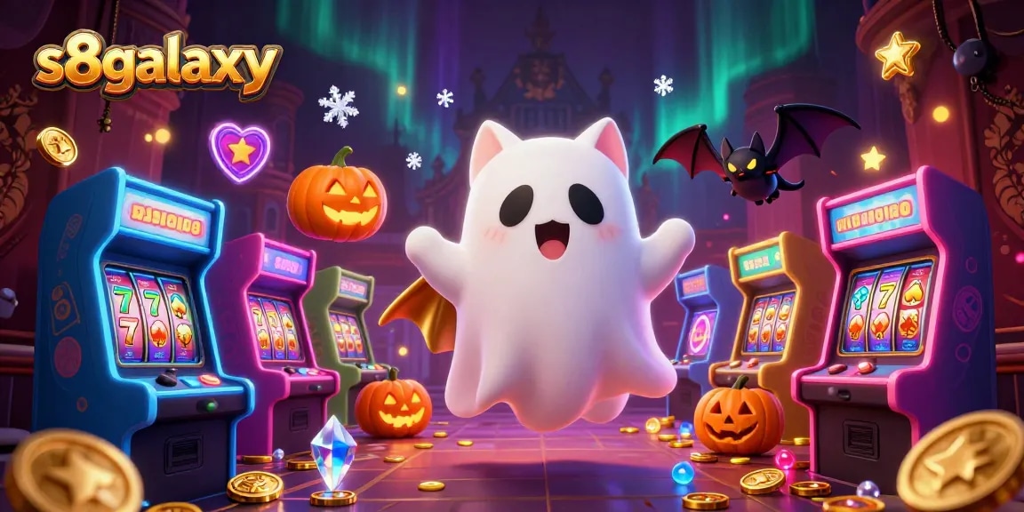 Experience the excitement of s8galaxy with a ghost cat and bat in a haunted casino.
