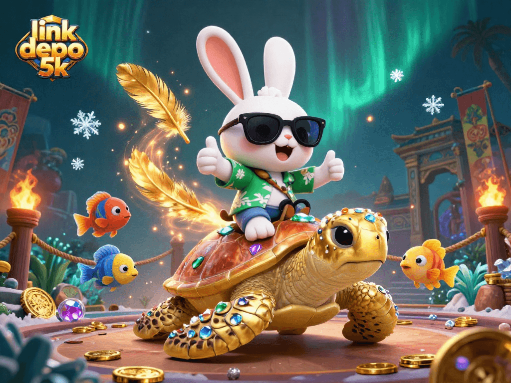 Engage with link depo 5k and win big with a vibrant 3D rabbit, golden turtle, and casino elements.