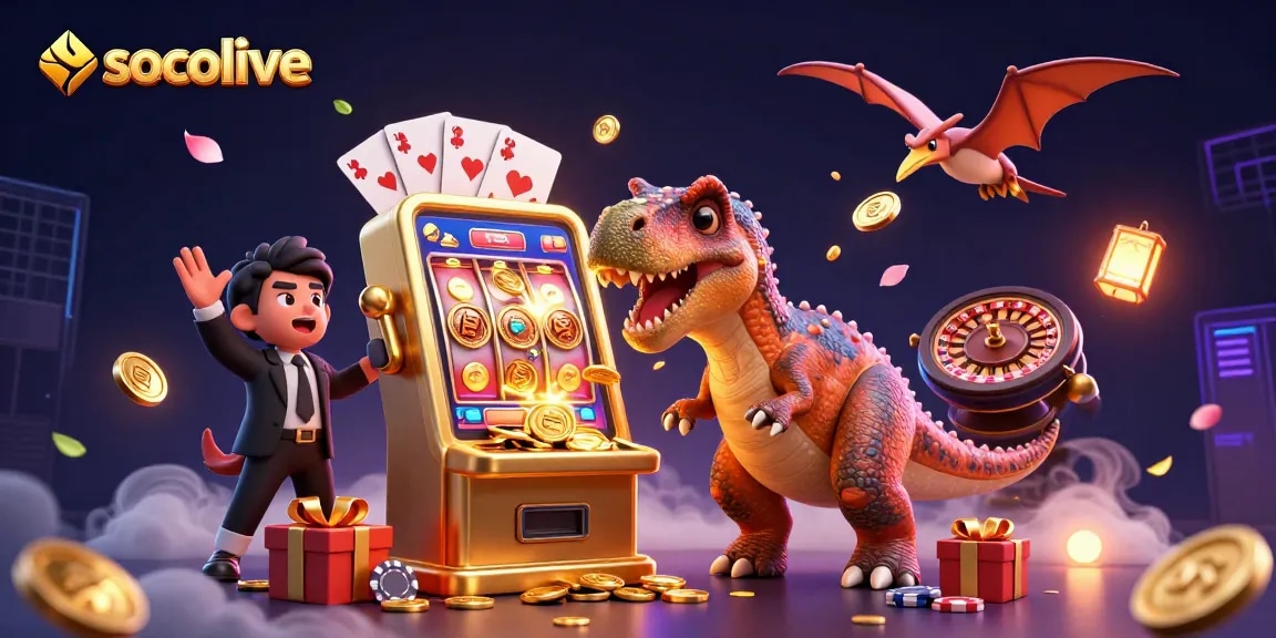 Socolive engages players with a cartoon dinosaur winning jackpots at a gold slot machine, capturing the thrill of online gambling.