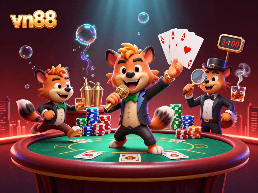 Engage with vn88's vibrant casino atmosphere featuring hyenas enjoying comedy and poker.