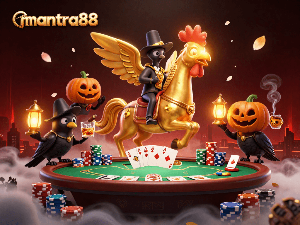 Experience thrilling poker action with mantra88's golden rooster mascot in a vibrant casino scene.
