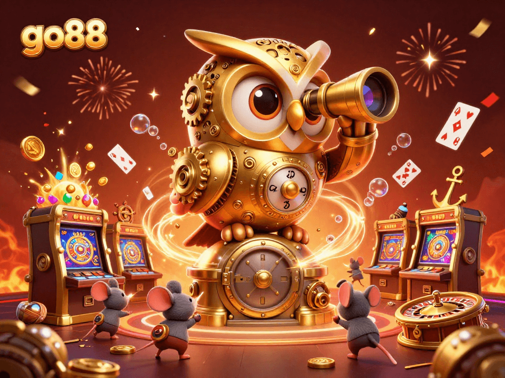 Experience the excitement of go88 with a whimsical 3D scene of a golden owl and wind-up mice enjoying the casino.
