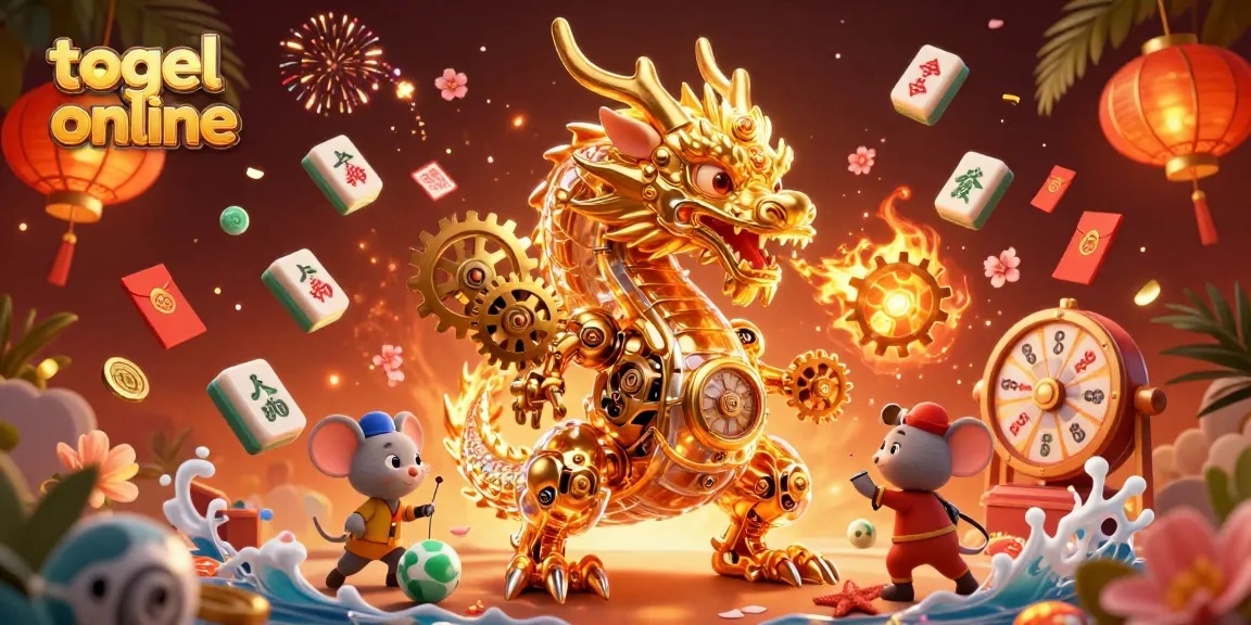 Engage in thrilling togel online action with a golden dragon, lucky symbols, and festive excitement