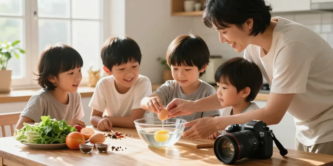 Menampilkan keluarga di dapur menggunakan metode Egg Float Test dari https://www.eggfloattest.com/contact untuk memeriksa kesegaran telur.