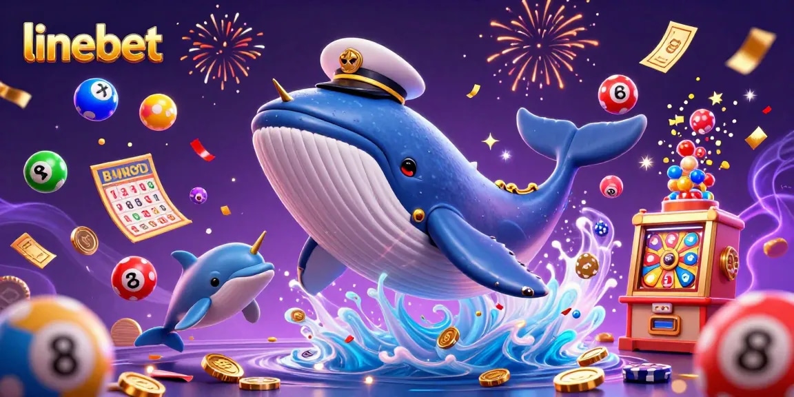 Experience thrilling adventures with linebet, featuring a whimsical whale and dolphins in a casino atmosphere.