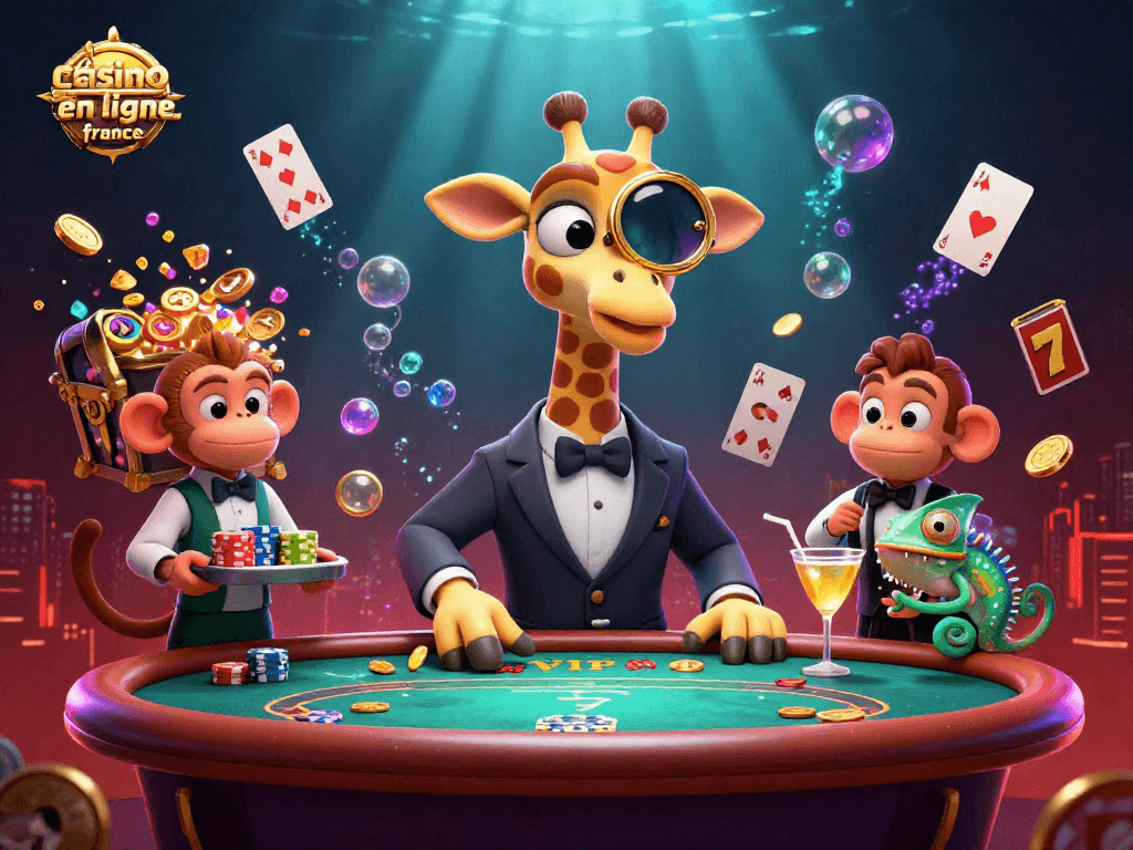 Illustration colorée d'un giraffe joueur de casino de luxe avec "meilleur casino en ligne france" entouré de jeux d'argent.