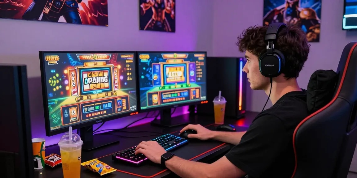 situs slot gaming setup with dual monitors, RGB keyboard, snacks, and vibrant room lighting